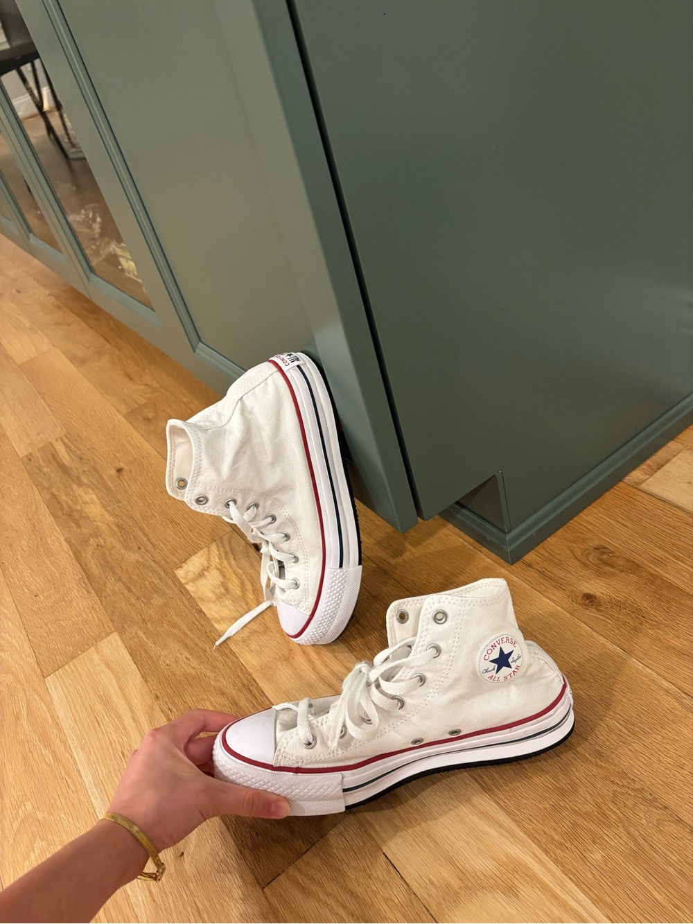 Converse White High Top Canvas Sneakers with Red & Black Stripe